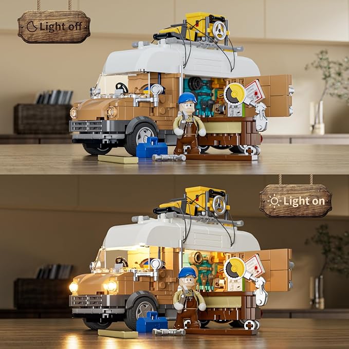 FUNWHOLE Carpentry Van Lighting Building Bricks Set - Farm Woodworker Technic Car Collectible Display Set 496 Pcs