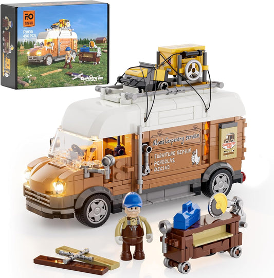 FUNWHOLE Carpentry Van Lighting Building Bricks Set - Farm Woodworker Technic Car Collectible Display Set 496 Pcs